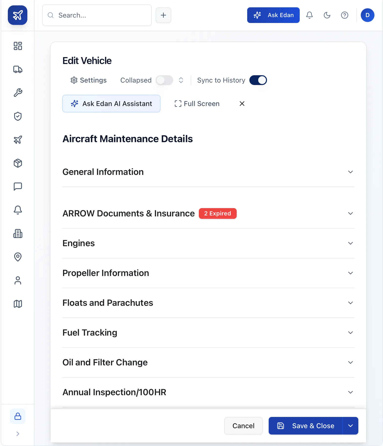 High Maintenance edit vehicle page with accordion sections for general information, ARROW documents and insurance with a 2 Expired badge, engines, propeller information, floats and parachutes, fuel tracking, oil and filter changes, and annual/100-hour inspections