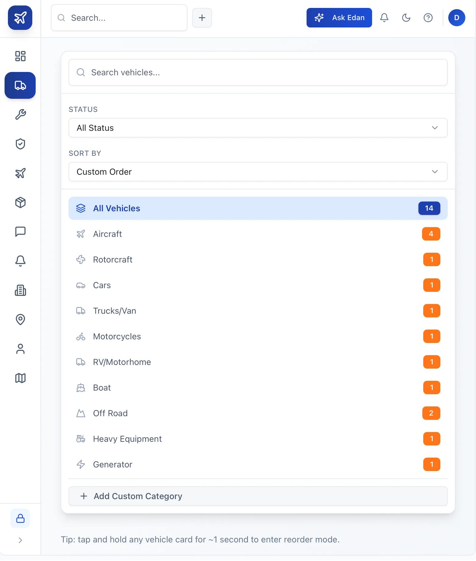 High Maintenance vehicle filters showing search, status filter, custom sort, and category counts for aircraft, rotorcraft, cars, trucks, motorcycles, RVs, boats, off-road, heavy equipment, and generators, plus an Add Custom Category button