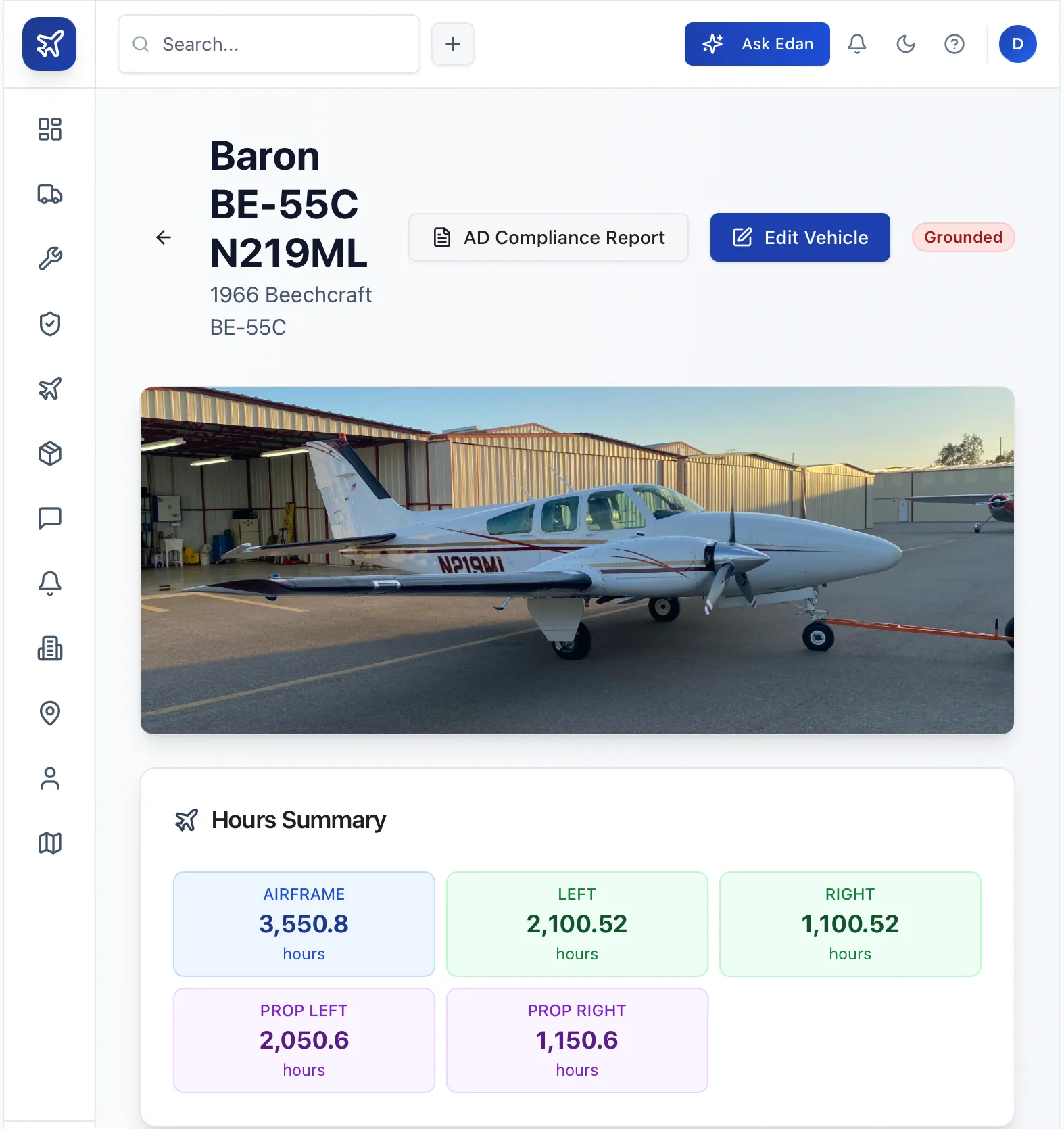 High Maintenance vehicle page for a 1966 Beechcraft Baron BE-55C, showing a grounded status badge, AD Compliance Report button, and an hours summary for the airframe, both engines, and both props